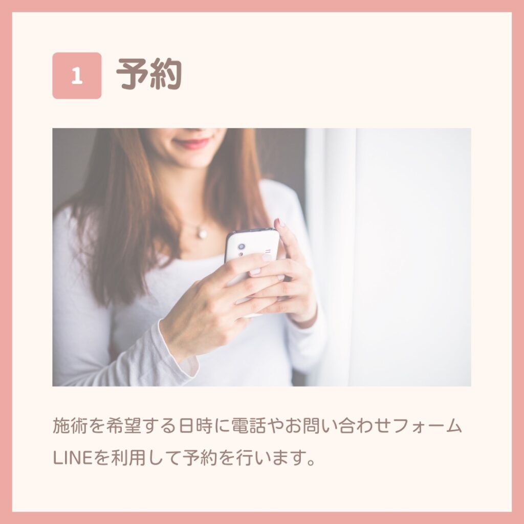 予約
施術を希望する日時に電話やお問合せフォームLINEをりようして予約をおこないます。